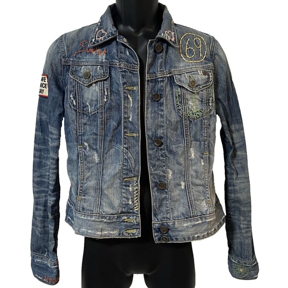 Vintage 90s Lucky Legend  Denim Jacket Embroidered Hippie Patches Made In USA S - Picture 1 of 16